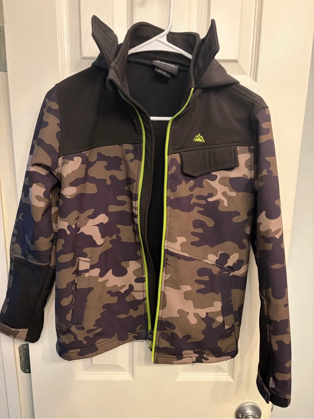 Snozu Boys' Camo Soft Shell Hooded Jacket with Lime Zipper Trim